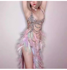 Women girls jazz dance Mesh feather dresses carnival birthday party evening dress nightclub bar singer gig Music festival rave dance bundy costumes